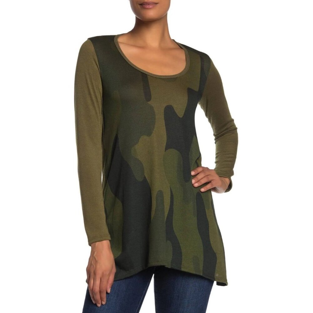 Go Couture Women's Camo Tunic Casual Top Green‎ Sz M Travel Grunge Military